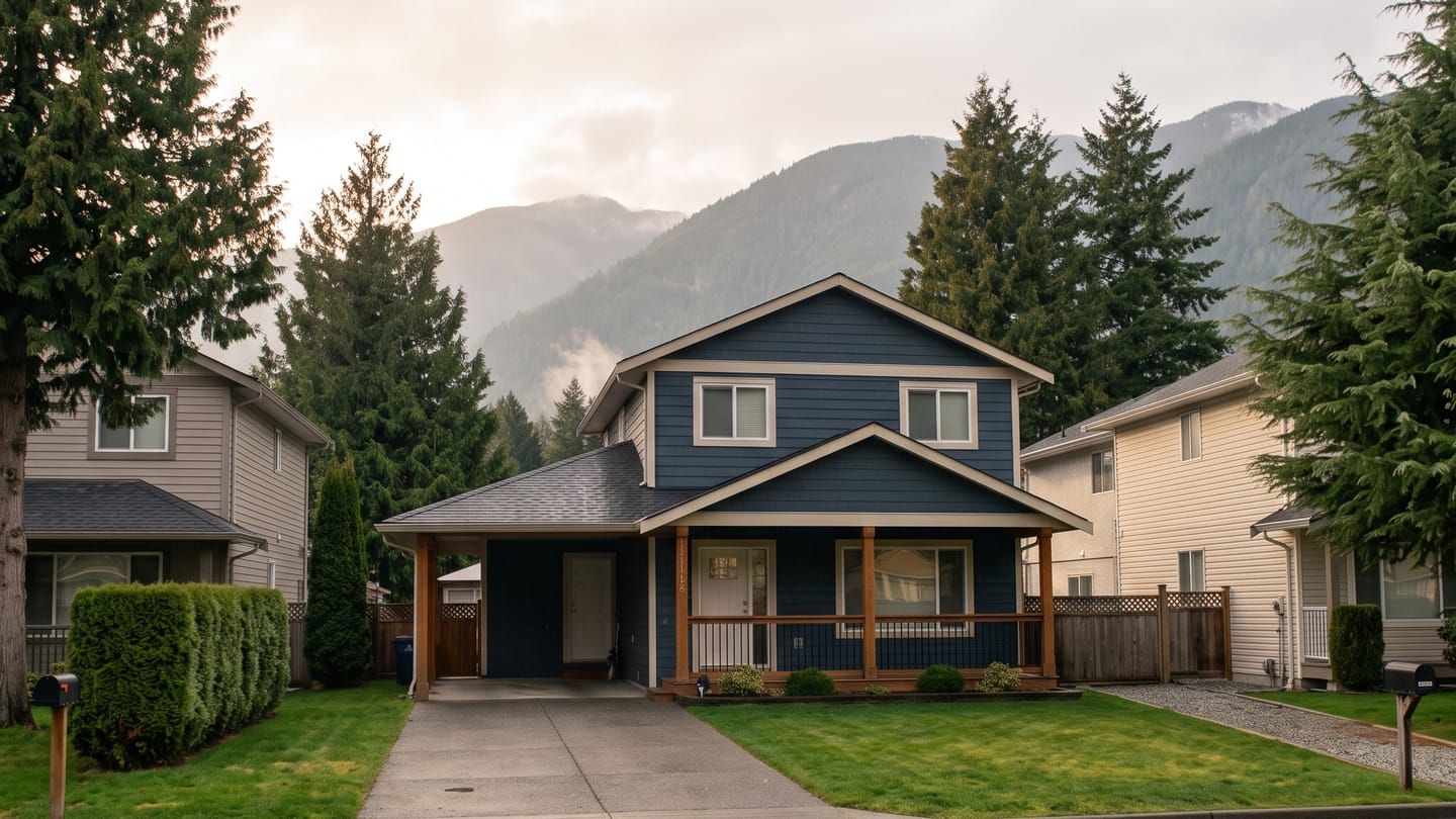A two-storey blue-sided family home with a covered porch and carport on a quiet British Columbia street, coastal mountains rising behind it.